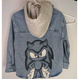 Sonic The Hedgehog Denim Shirt Detachable Hood Jacket Graphic Kid's Sz XS